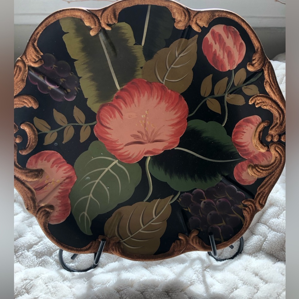 Boxed Vintage Hand painted gold decorative floral plate with metal rack.